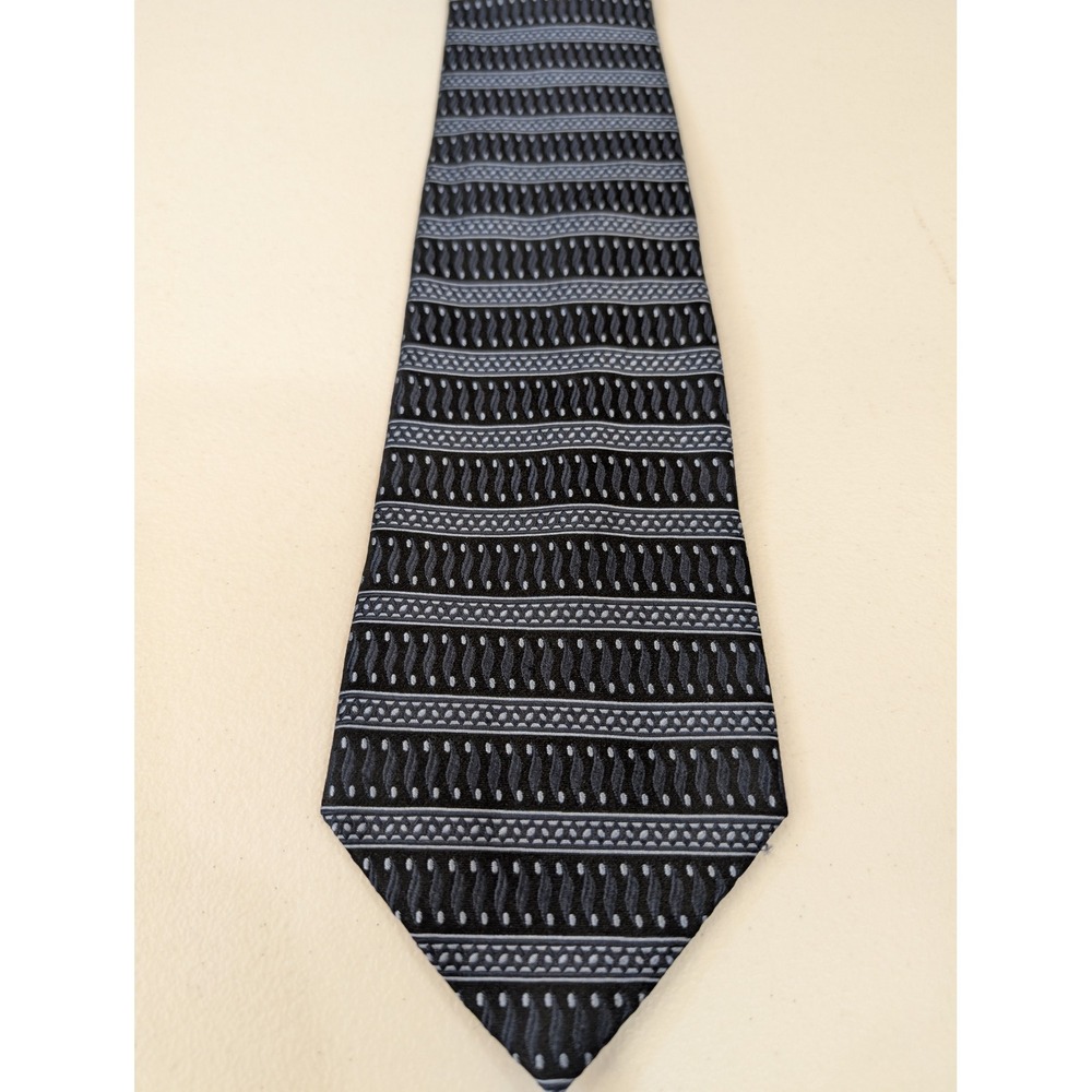 RBM Collection Men's Tie Black Blue Geometric Pattern 100% Silk Handmade 59"‎